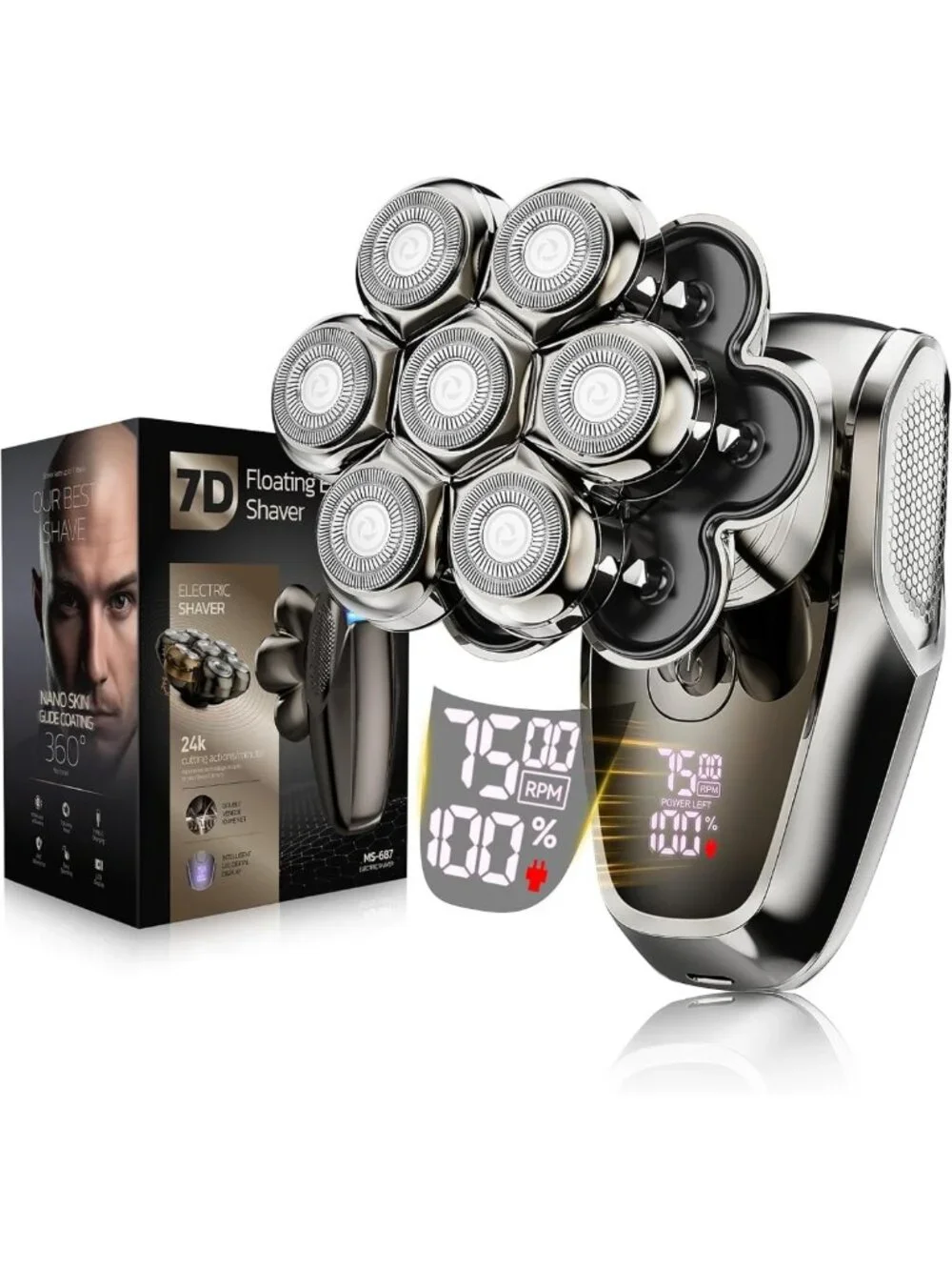 Waterproof Electric Shaver for Bald Men - 7D Detachable Razor, Wet & Dry, LED